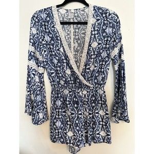 NWOT L*Space Mazarron Romper Blue White Spring-Summer Pockets Sz Small